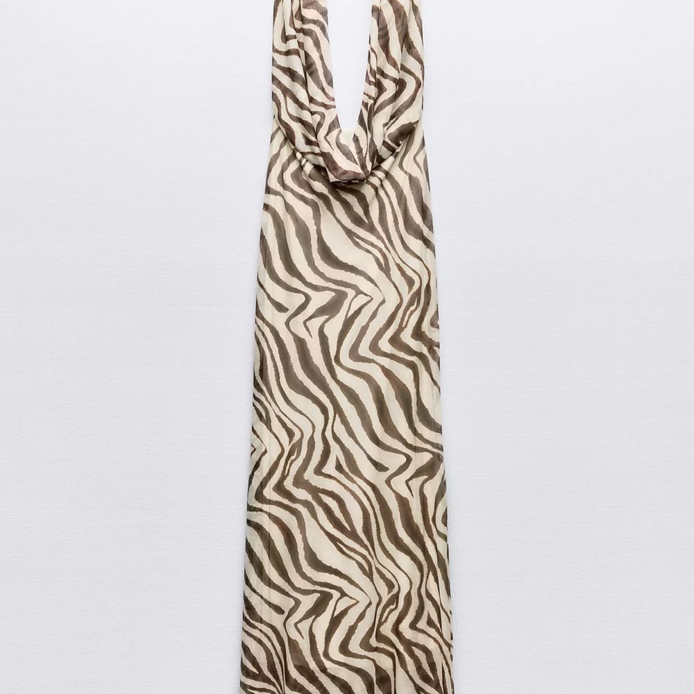Zara Zebra-Print Halter Maxi Dress in Cream and Brown